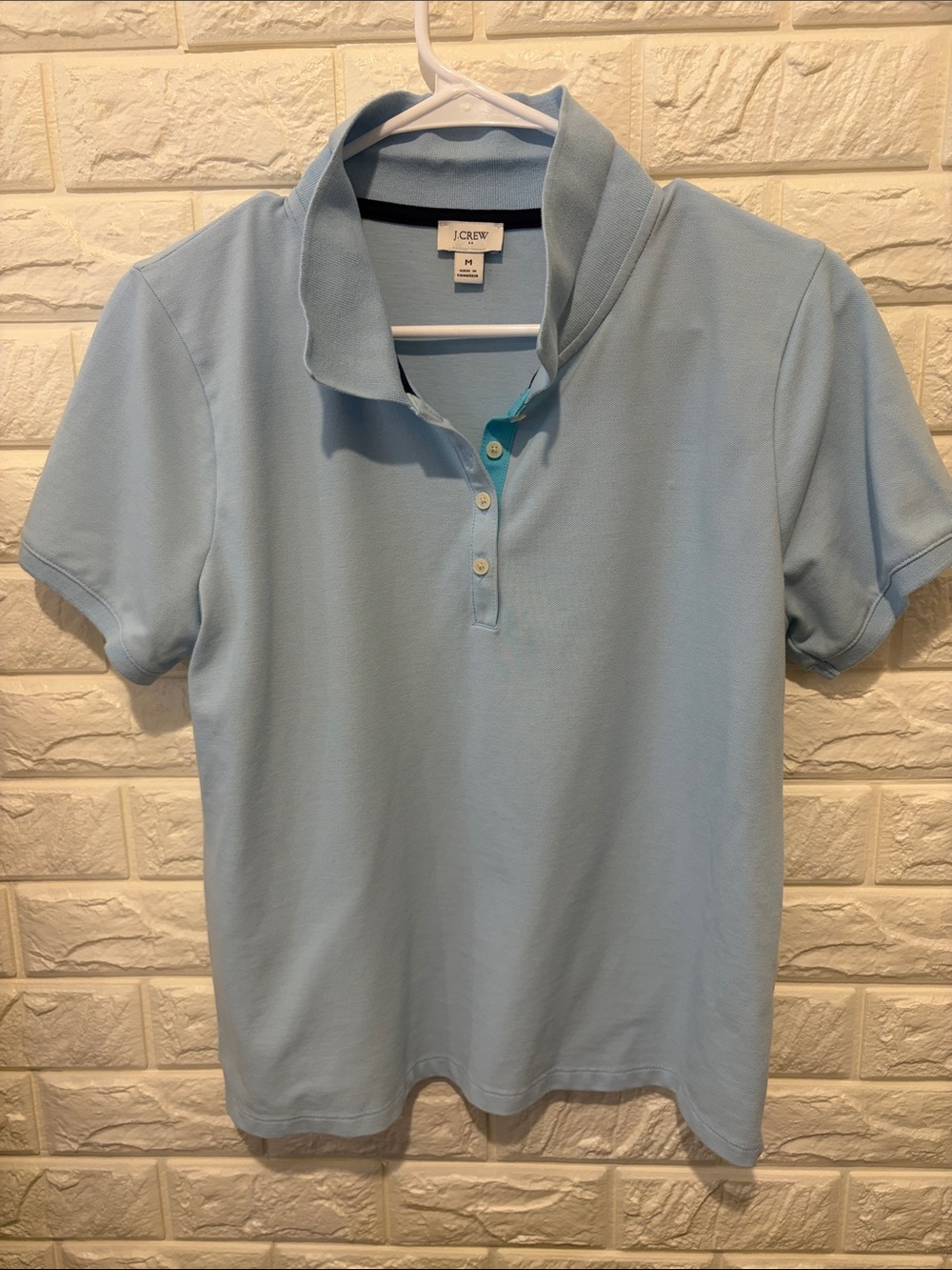 J. Crew Light Blue Short Sleeve Polo with Aquamarine Placket Accent